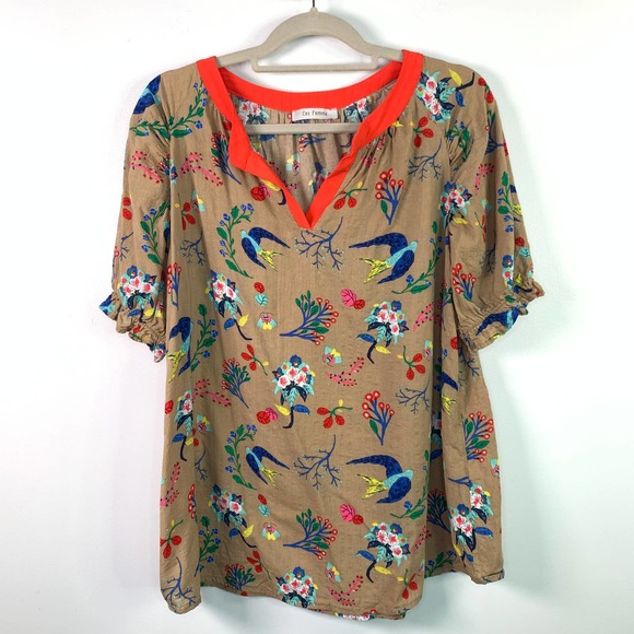 Ces Femme Puffed Sleeve Tan with Orange V-Neck Taylor Top Sz L - Picture 3 of 9